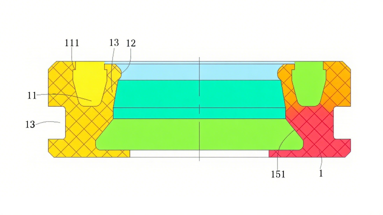 一種HA型彈簧組合油封結(jié)構(gòu)圖3圖3（車制剖視圖）：呈現(xiàn)增壓槽斜面（151）與副油封臂（14）的彎曲角度，驗證“向外傾斜-向內(nèi)彎曲”的獨特結(jié)構(gòu)。